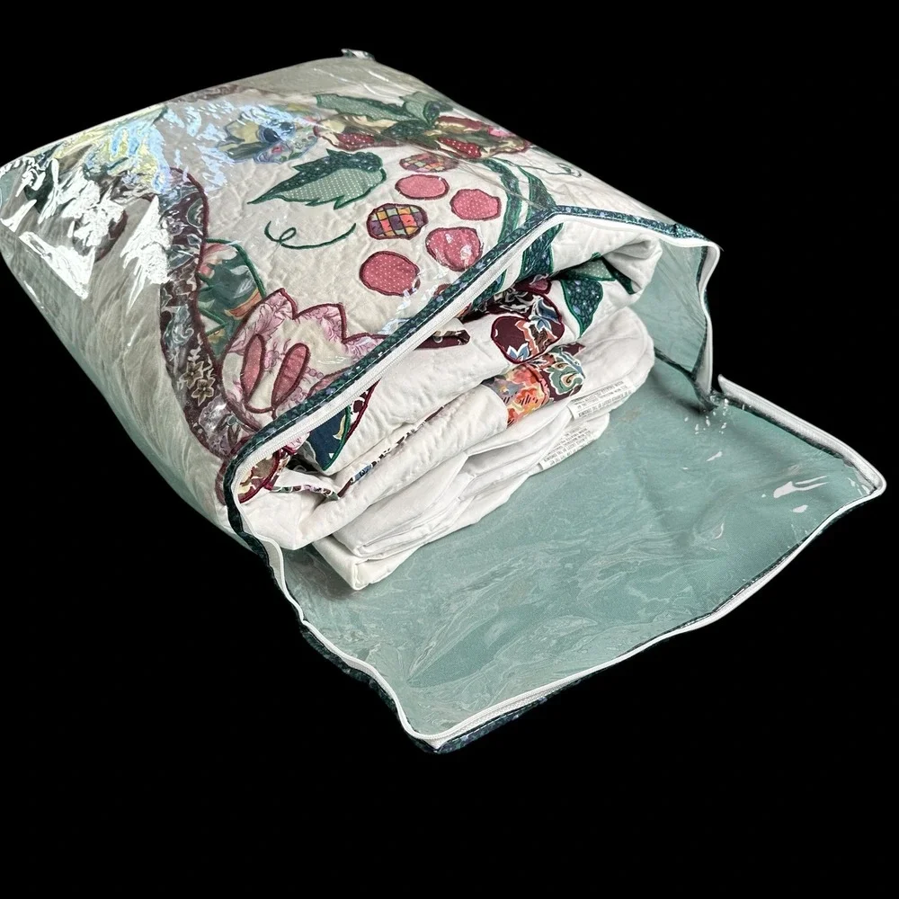 Handmade Floral Appliqué Quilt Set White 86x86 & 2‎ Pillowcases Scalloped Edges